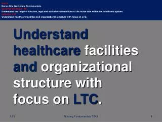 Understand healthcare facilities and organizational structure with focus on LTC .