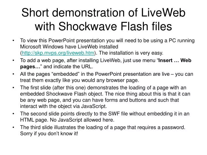 short demonstration of liveweb with shockwave flash files