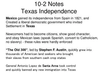 10-2 Notes Texas Independence