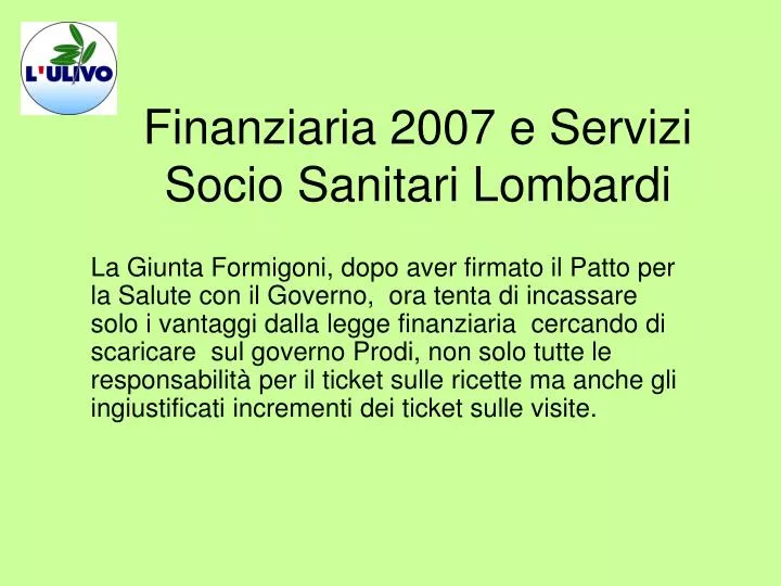 finanziaria 2007 e servizi socio sanitari lombardi