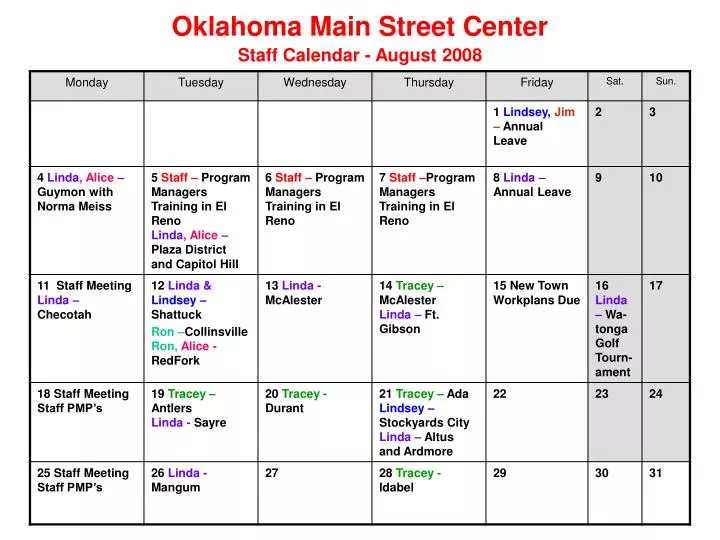oklahoma main street center staff calendar august 2008