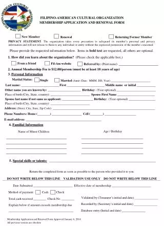 FILIPINO-AMERICAN CULTURAL ORGANIZATION MEMBERSHIP APPLICATION AND RENEWAL FORM