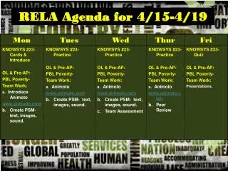 RELA Agenda for 4/15-4/19