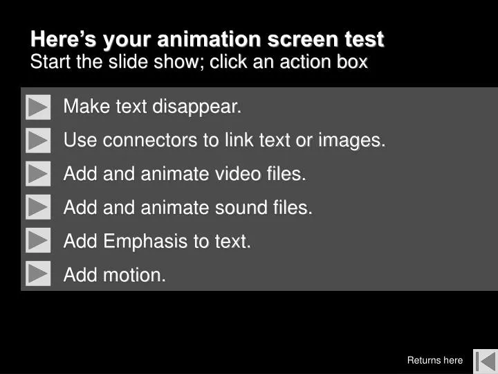here s your animation screen test start the slide show click an action box
