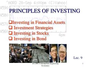 Investing in Financial Assets Investment Strategies Investing in Stocks Investing in Bond