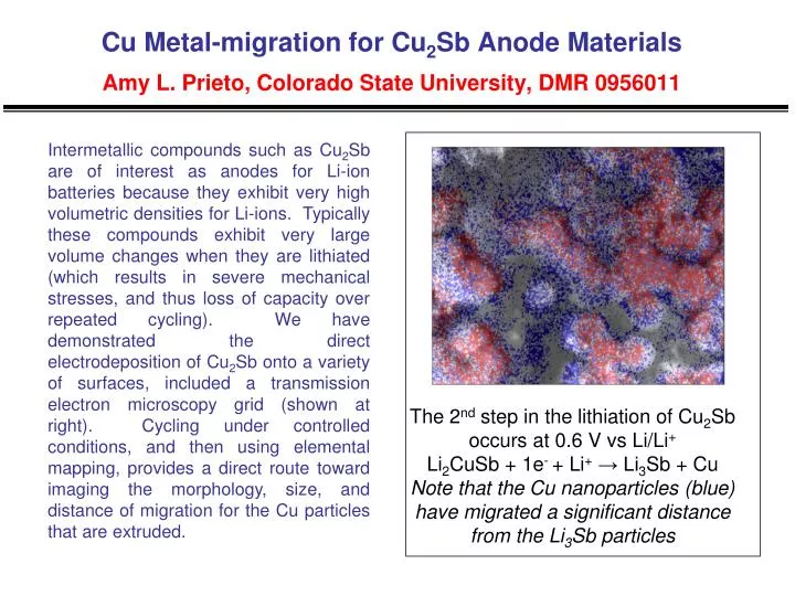 cu metal migration for cu 2 sb anode materials amy l prieto colorado state university dmr 0956011