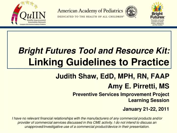 bright futures tool and resource kit linking guidelines to practice