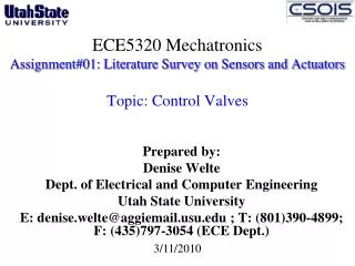 Prepared by: Denise Welte Dept. of Electrical and Computer Engineering Utah State University