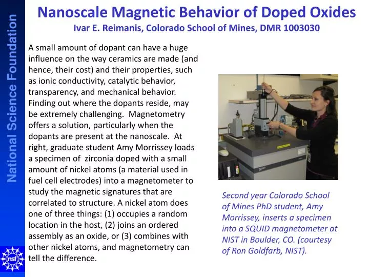 nanoscale magnetic behavior of doped oxides ivar e reimanis colorado school of mines dmr 1003030