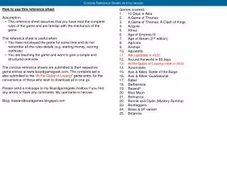 How to use this reference sheet Assumption: