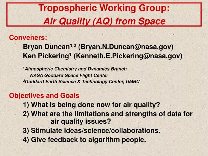 tropospheric working group air quality aq from space