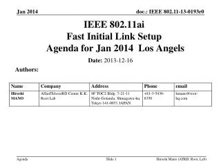 IEEE 802.11ai Fast Initial Link Setup Agenda for Jan 2014 Los Angels