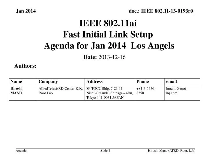 ieee 802 11ai fast initial link setup agenda for jan 2014 los angels