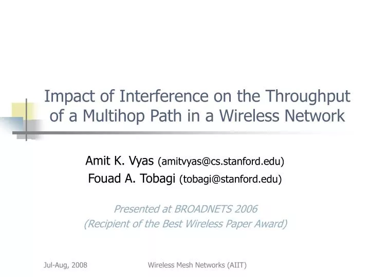 impact of interference on the throughput of a multihop path in a wireless network