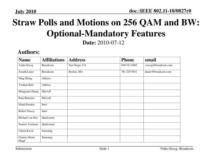 straw polls and motions on 256 qam and bw optional mandatory features