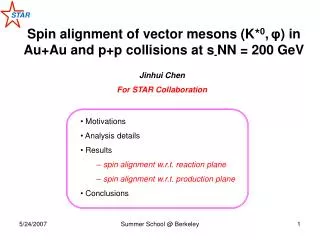 Spin alignment of vector mesons (K* 0 , ? ) in Au+Au and p+p collisions at s - NN = 200 GeV