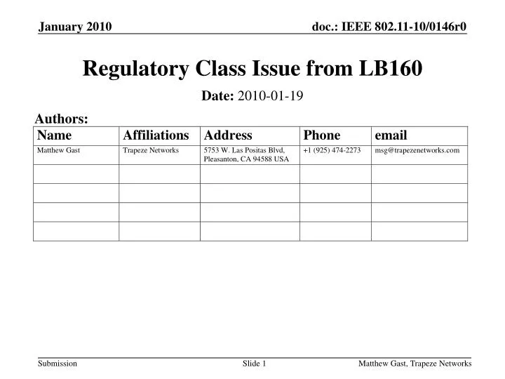 regulatory class issue from lb160