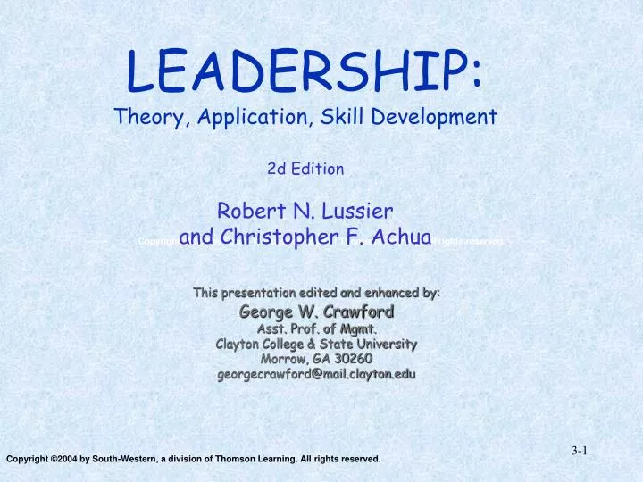 leadership theory application skill development 2d edition robert n lussier and christopher f achua