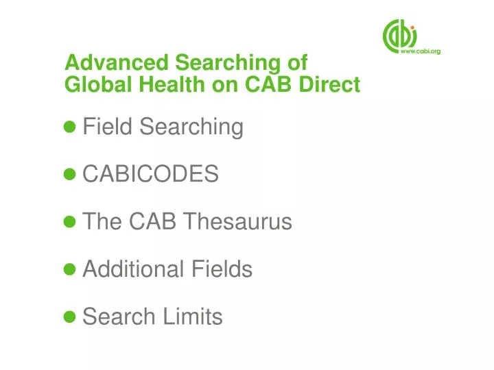 advanced searching of global health on cab direct