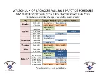 WALTON JUNIOR LACROSSE FALL 2014 PRACTICE SCHEDULE