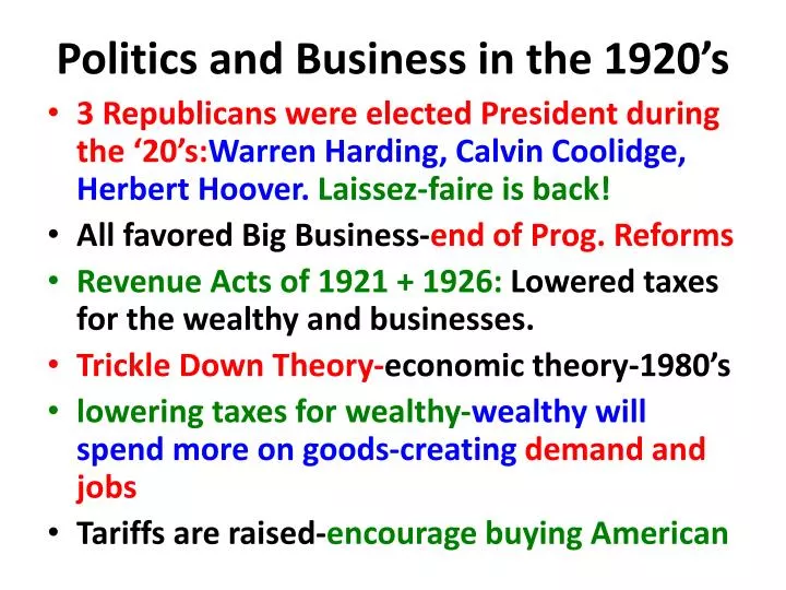politics and business in the 1920 s