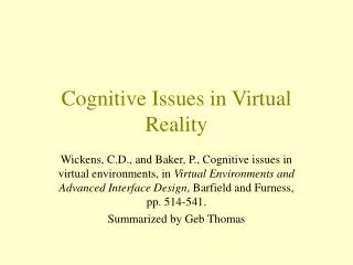 Cognitive Issues in Virtual Reality