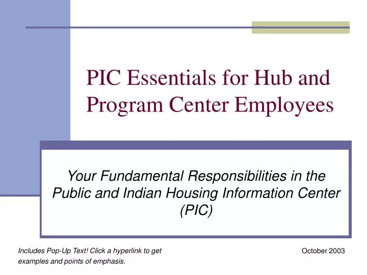 pic essentials for hub and program center employees