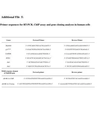 Primer sequences for RT-PCR, ChIP assay and gene cloning analyses in human cells