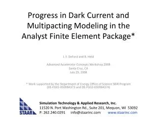 progress in dark current and multipacting modeling in the analyst finite element package