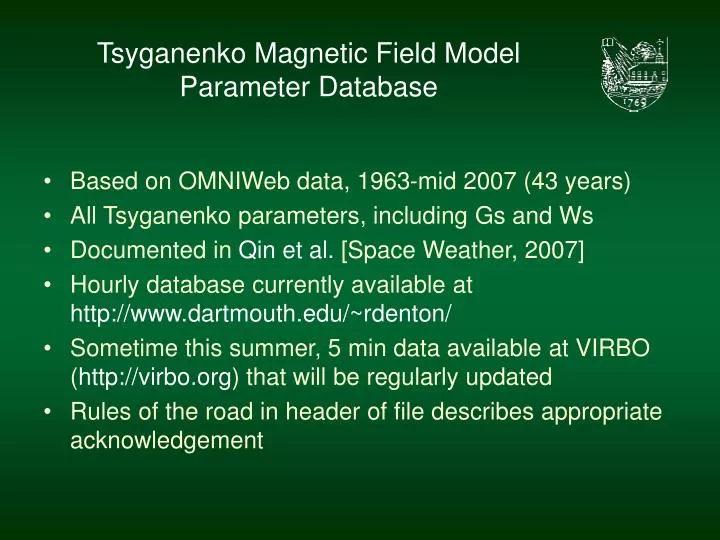 tsyganenko magnetic field model parameter database