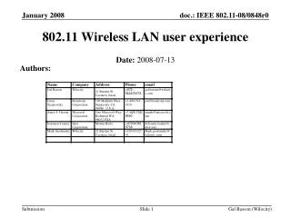 802.11 Wireless LAN user experience