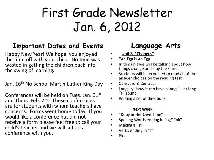 first grade newsletter jan 6 2012