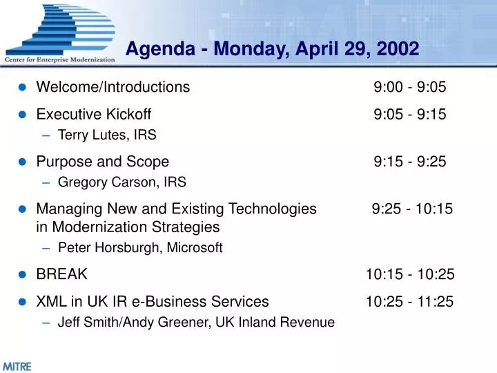 agenda monday april 29 2002