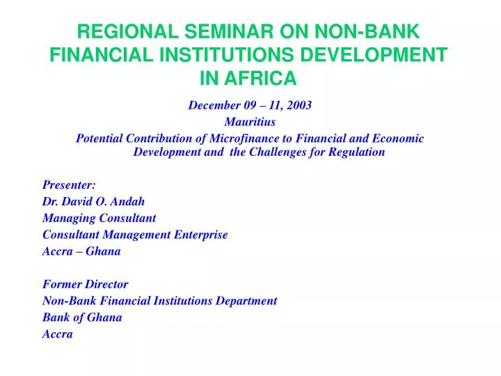 regional seminar on non bank financial institutions development in africa