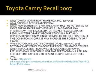 Toyota Camry Recall 2007