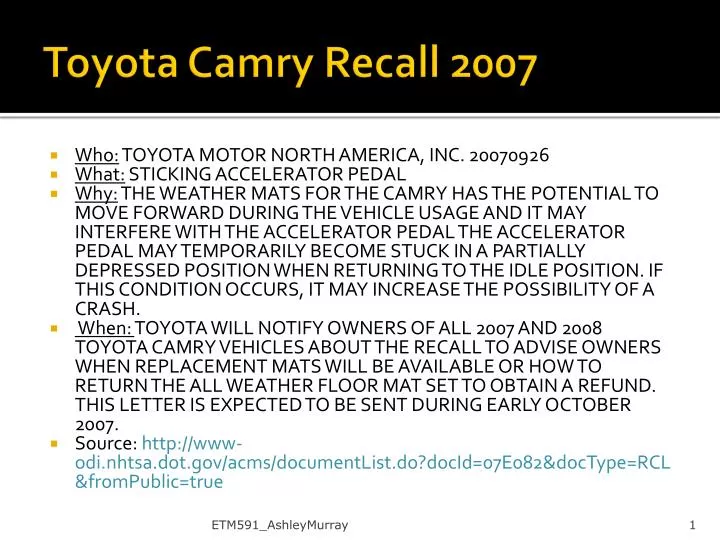 toyota camry recall 2007