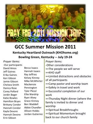 GCC Summer Mission 2011 Kentucky Heartland Outreach (KHOhome)