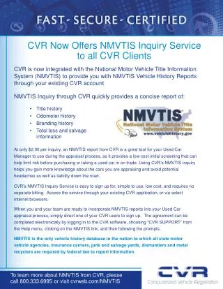 CVR Now Offers NMVTIS Inquiry Service to all CVR Clients