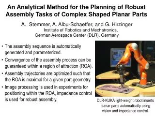 An Analytical Method for the Planning of Robust Assembly Tasks of Complex Shaped Planar Parts