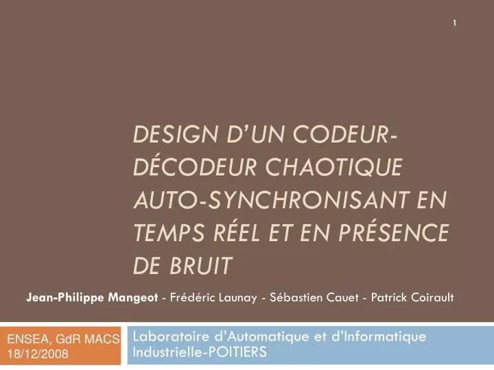 design d un codeur d codeur chaotique auto synchronisant en temps r el et en pr sence de bruit