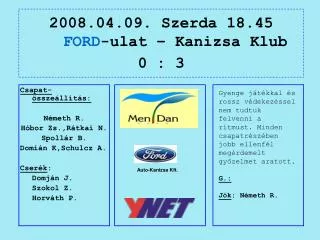 2008.04.09. Szerda 18.45 FORD -ulat – Kanizsa Klub 0 : 3