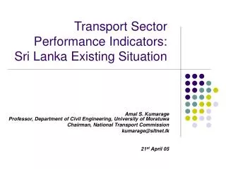 Transport Sector Performance Indicators: Sri Lanka Existing Situation