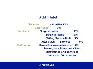 ALM in brief Net sales 490 million FRF Employees 300 Products 	Surgical lights		 53 %