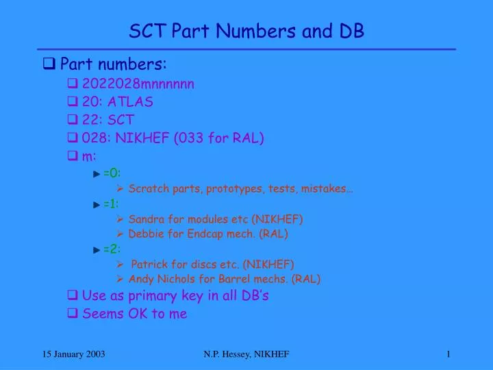 sct part numbers and db