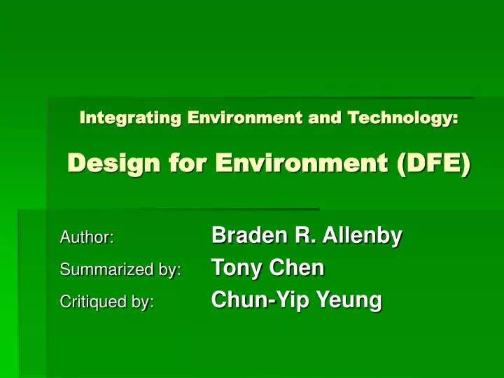 integrating environment and technology design for environment dfe