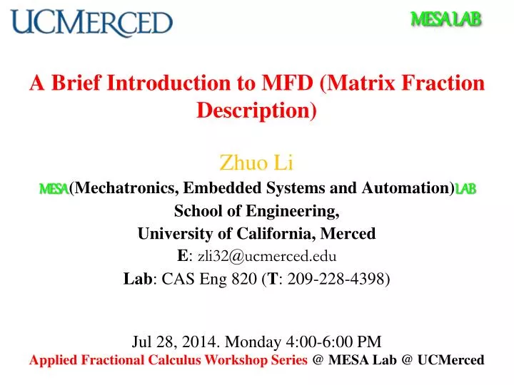 a b rief introduction to mfd matrix fraction description