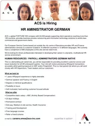 ACS is Hiring HR AMINISTRATOR GERMAN