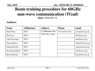 Beam training procedure for 60GHz mm-wave communication (TGad)