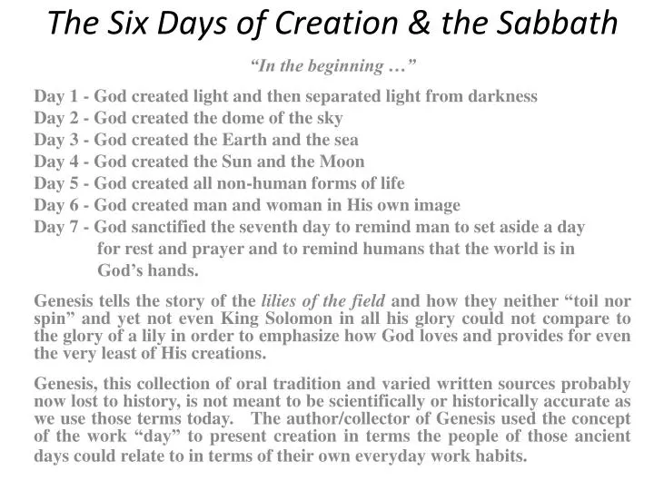 the six days of creation the sabbath