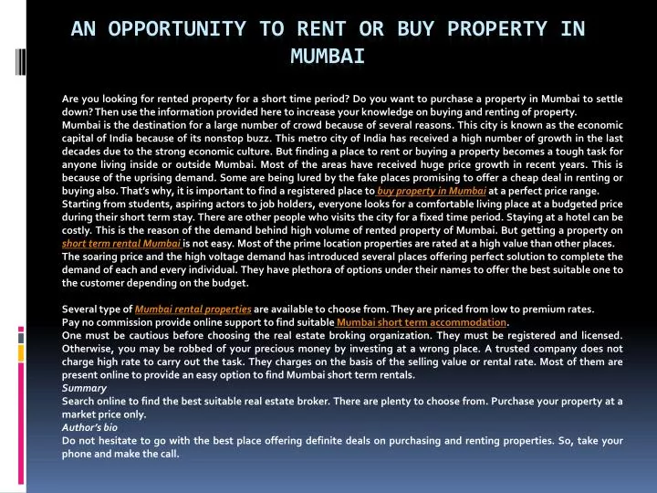 an opportunity to rent or buy property in mumbai